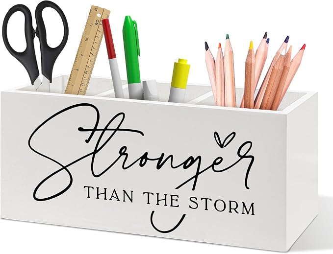 Inspirational Pen Holder, Motivational Office Pen Pencil Holder Organizer for Desk Accessories, Stronger Than the Storm Positive Wooden Box Desk Decor for Home Office Desk Decorations
