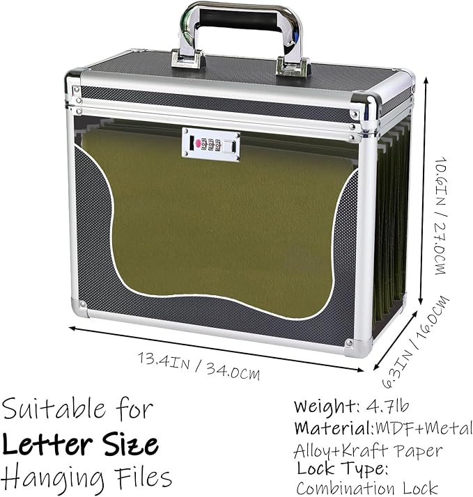 File Storage Cabinet for Letter Size Hanging File Folders, Suspension File Holder, Document Organizer Filing Lockbox in Office and Home with Combination Lock and 10-pack Hanging Files