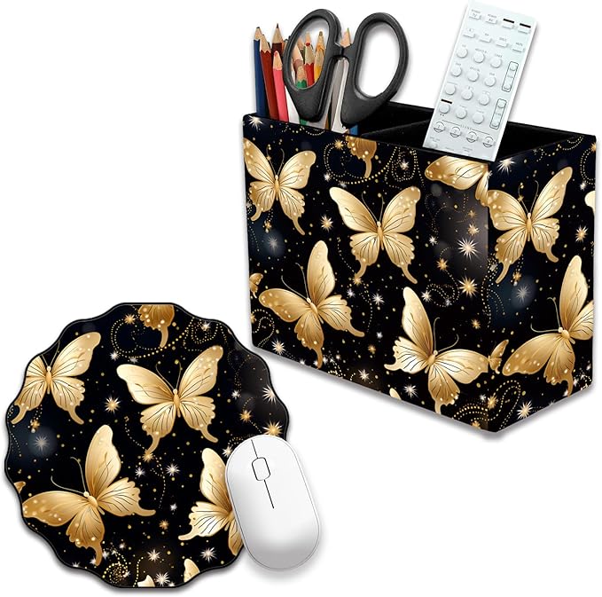 Pen Holder and Anti-Slip Mouse Pad Combination, Makeup Brush Storage Box, Tableware Storage Box, Suitable for Office and Home - Golden Butterfly