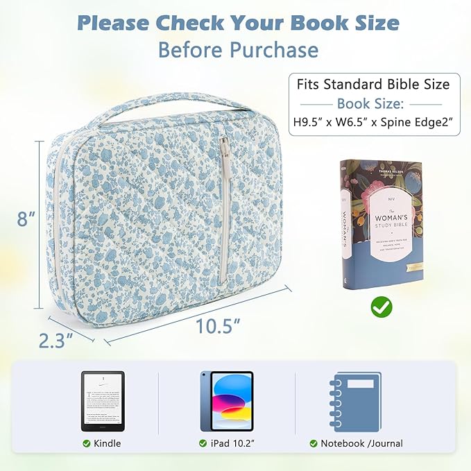 Quilted Bible Cover Case for Women, Large Bible's Bag with Pockets & Handle, Bible Carrying Case Organizer for Bible Study Supplies, Christian Gifts, Fits Large & Small Bibles