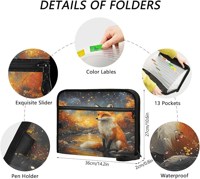Expanding File Folder Funny Magic Fox Accordion File Organizer 13 Pockets Document Organizer with Zipper Labels A4 Letter Office Storage