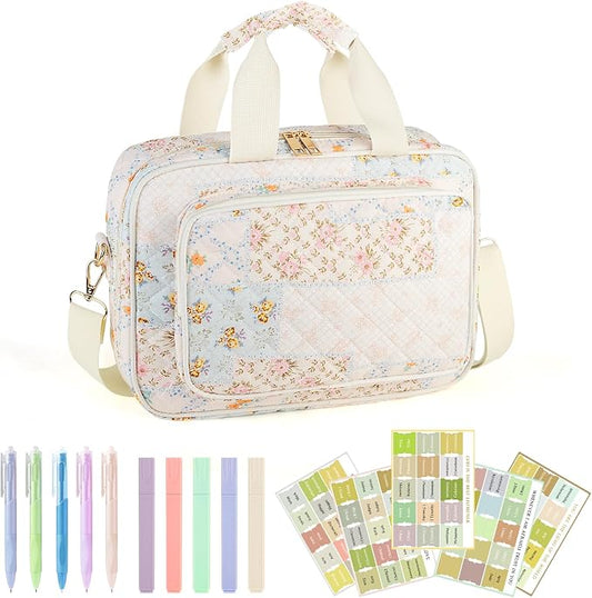 Bible Cover Case for Women, Large Quilted Bible Bag with Bible Study Supplies 5*Sticker & 5*Highlighter & 5*Pen, Stylish Church Bag Journaling Kit, Mothers Day Christian Gifts (Patchwork)