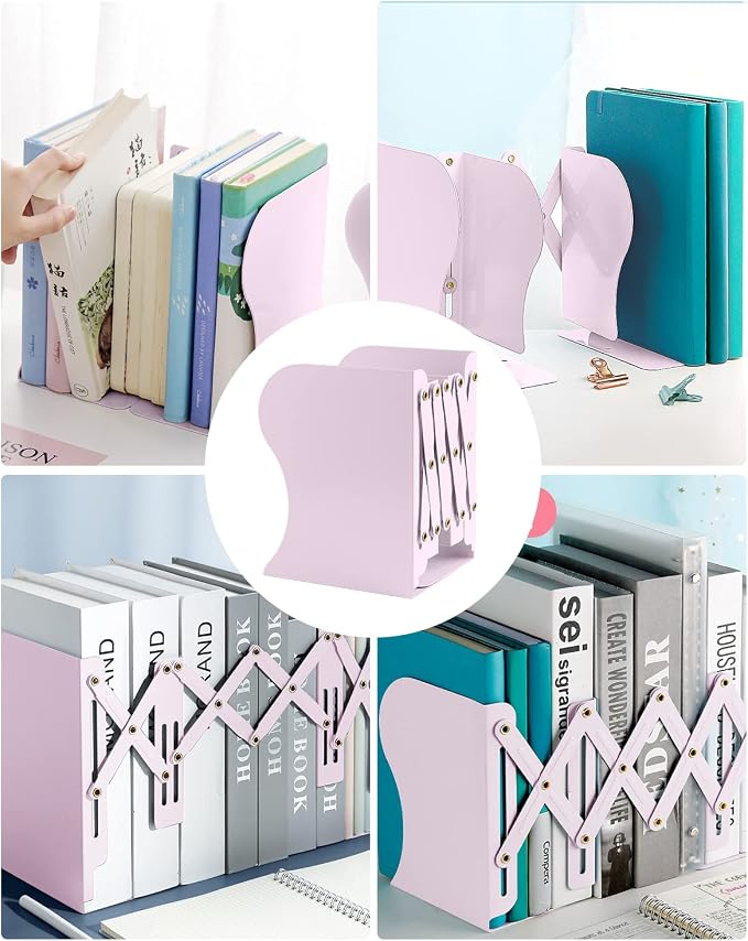 MSDADA Adjustable Bookends, Book Ends for Heavy Books, Expandable Book Organizer for Desk, Shelf, Office, School, for 6 7 8 9 10 11-15 Boys and Girls, Extends up to 19 inches (Macaron Pink)
