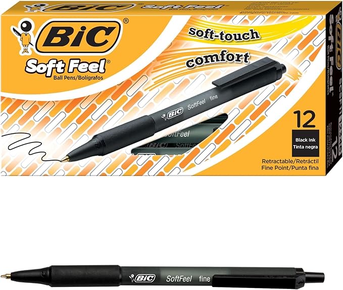 BIC Soft Feel Black Retractable Ballpoint Pens, Medium Point (1.0mm), 12-Count Pack, Black Pens with Soft-Touch Comfort Grip