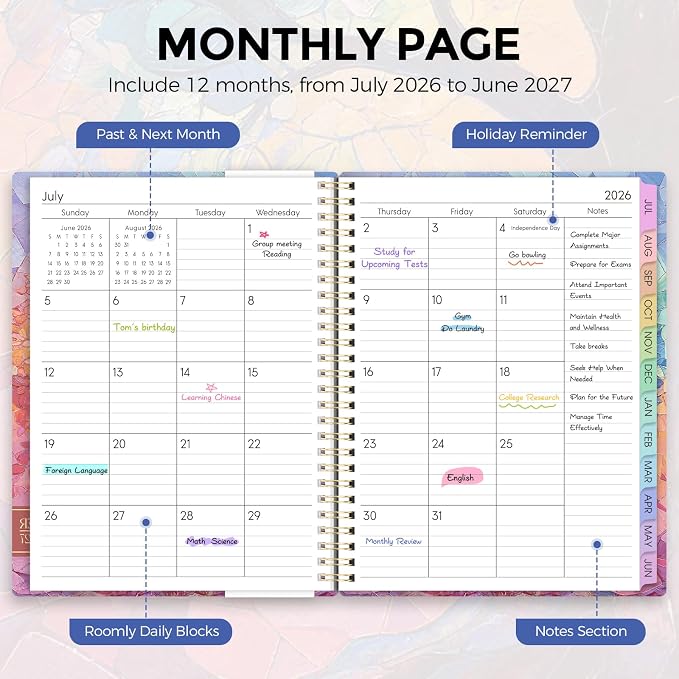 SKYDUE 2026-2027 Monthly and Weekly Academic Planner, July 2026-June 2027, 8.5"x11", Agenda Calendar with Colorful Tabs and Storage Pocket, Ideal for School Office Supplies