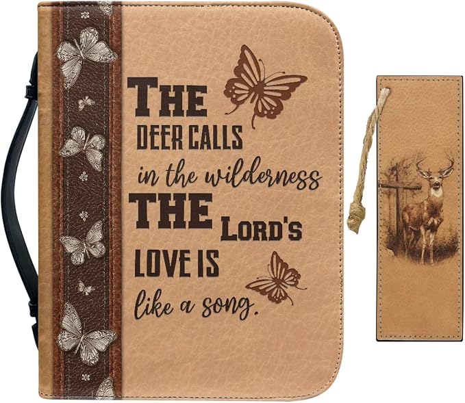 Vintage Religious Cross Deer Bible Case with Bookmark Waterproof Bible Cover Case for Women Lightweight Bible Bag with Handle Pockets Church Book Bag Brown