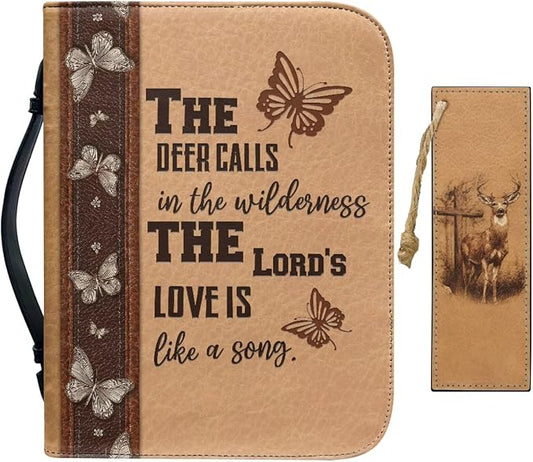 Vintage Religious Cross Deer Bible Case with Bookmark Waterproof Bible Cover Case for Women Lightweight Bible Bag with Handle Pockets Church Book Bag Brown