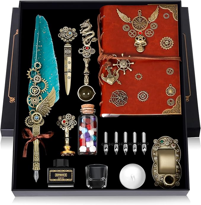 Aifeiter Quill Pen and Ink Set With Quill and 5 Replaceable Nibs,Seal Stamp,Spoon,Wax Beads,White Wax,Pen Holder, Cup,Envelope,Letter Paper,Envelope Tool(green)