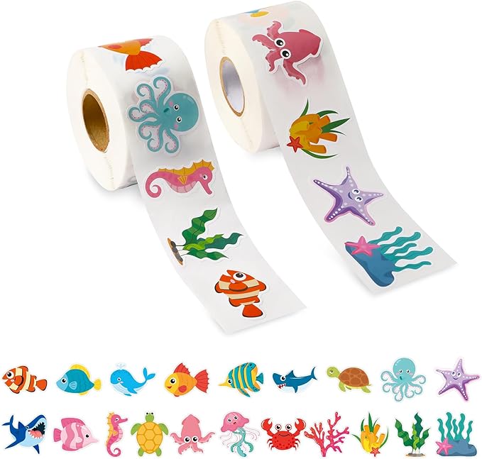 SANNIX 1200PCS Ocean Animal Stickers, 20 Styles Qcean Stickers Cartoon Sea Creature Sticker Fish Labels for Classroom Rewards Under The Sea Theme Party Computer Water Bottle Craft Supplies