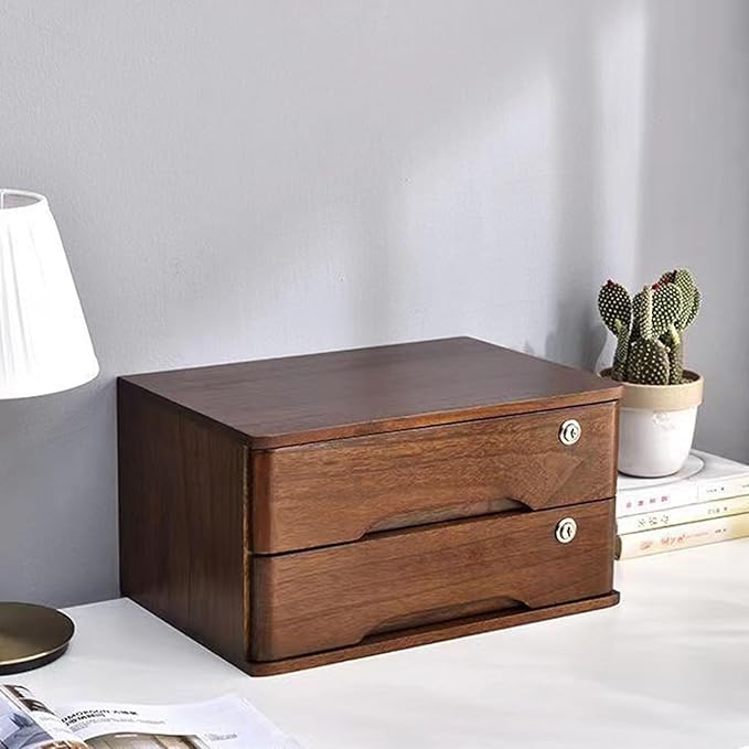 Wooden Desktop Organizer, 2 Drawers Tabletop Storage Box with Lock,Office Supplies A4 File Organizer,Walnut