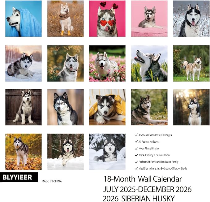 2025-2026 Wall Calendar,Siberian Husky Wall Calendar, 12" x 24" Open,Family Planner Calendar Organizer with Husky Images, for Dogs Lovers