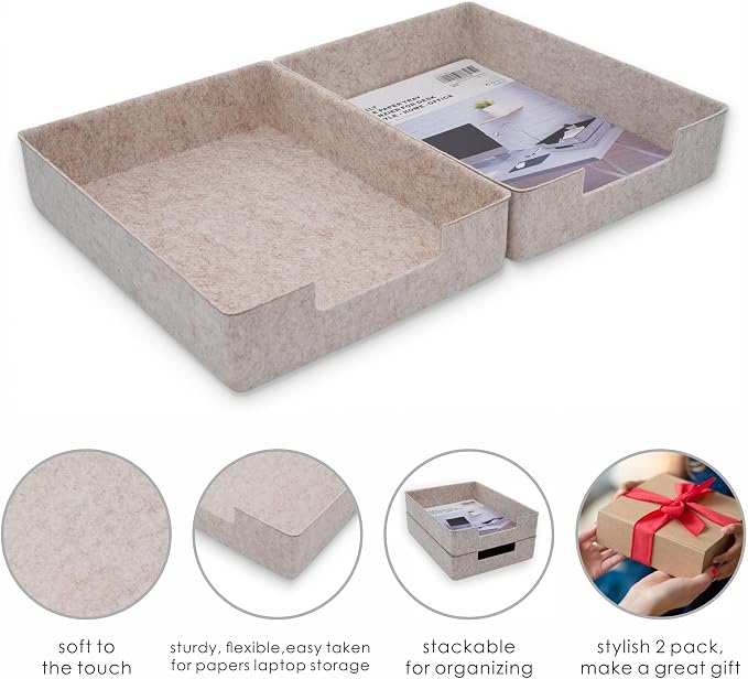 WELAXY 2-piece Stackable Desk Drawer Organizer Trays Felt Storage Bins Document File Papers Magazines Organizing Box Soft Sturdy Office Supplies (Oatmeal)