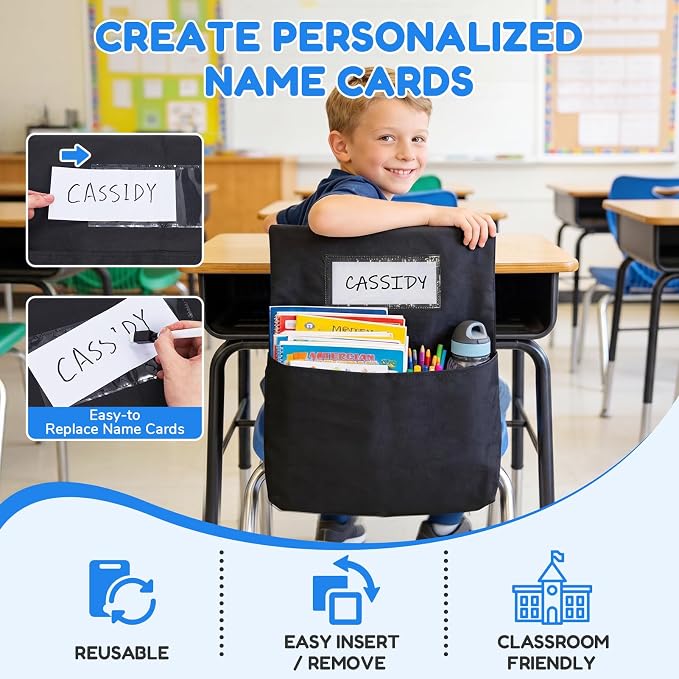 Joycat Classroom Chair Pocket for School, Large Capacity Student Storage Organizer with Deep Pocket & Name Tag Slot, Heavy Duty Chair Bag for Classroom Books & School Supplies