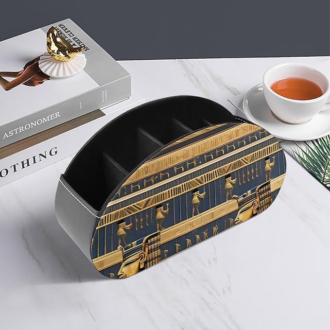 Egyptian Pharaonic Frescoes Remote Control Holder PU Leather Remote Caddy TV Remote Storage Box with 5 Compartments Pencil Storage Box Makeup Brush Holder Office Supplies
