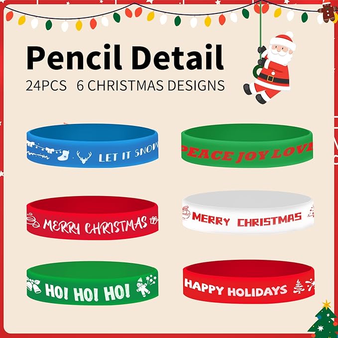 48 Pcs Christmas Pencils Set 24 Christmas Pencil with Eraser 24 Christmas Silicone Bracelets Xmas Wooden Pencils Christmas Wristband Rubber Bracelets Christmas Stocking Stuffers