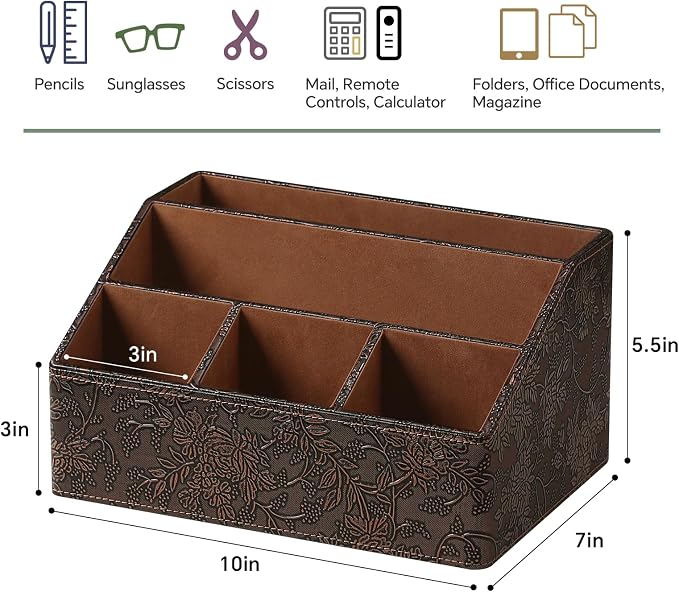 PU Leather Desktop Organizer, Home Luxury Remote Control Holder, Office Desk Accessory and Nightstand Storage Box, Vintage Style, Suitable for Living Room Tabletops (Brown Grape Pattern)