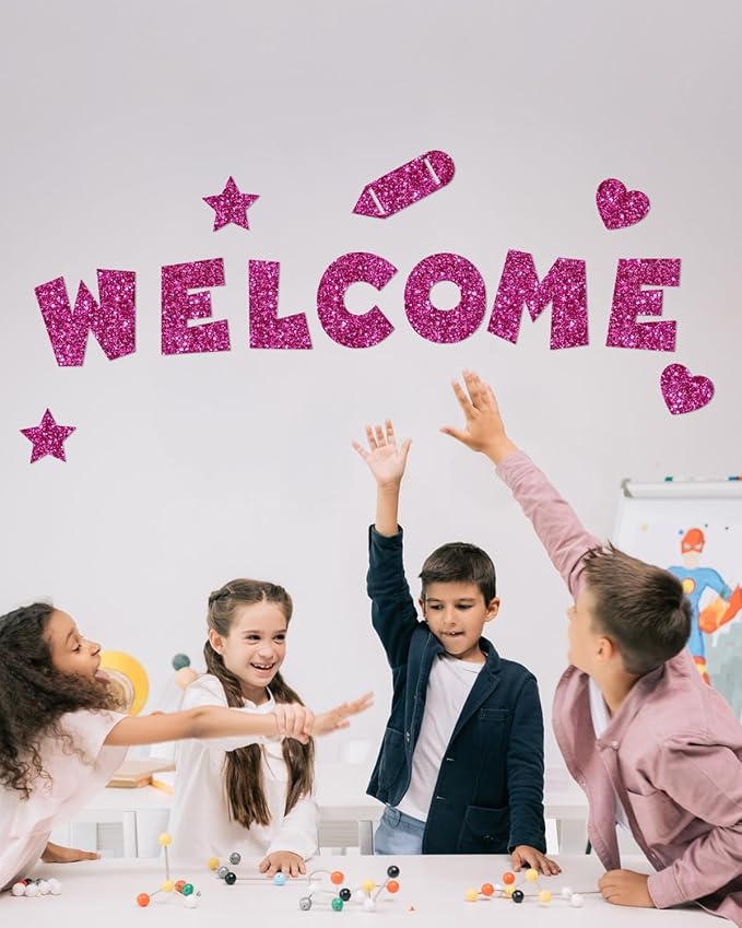 243 Pcs Glitter Bulletin Board Letters Set, 4 Inch Alphabet Poster Board Cardboard Cutouts with Numbers and Punctuation, Classroom School Wall Display Decorations (Hot Pink)