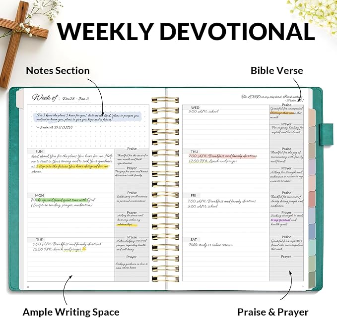 SUNEE Christian Planner - Undated 12 Month Bible Journal and Prayer Planner A5 Spiral Bound, Monthly & Weekly Christian Organizer Gifts for Women Men (Pacific Green)