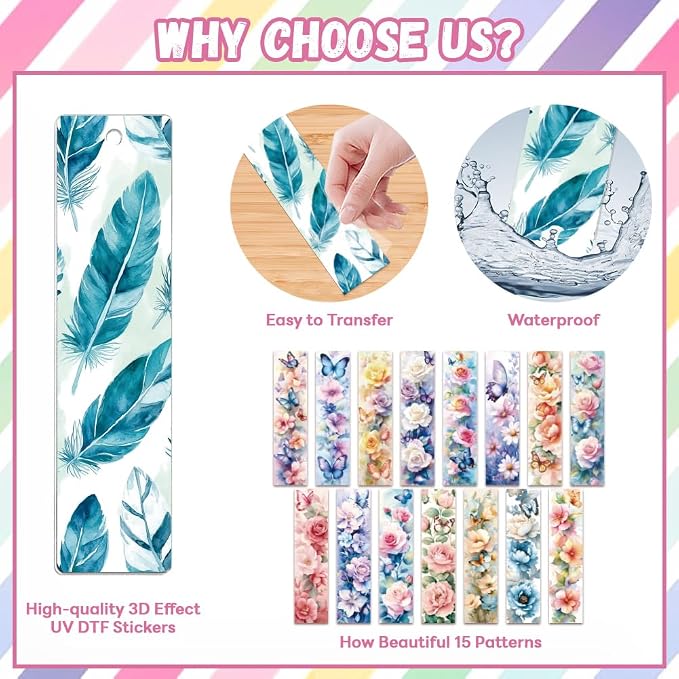 Peacoblue 30pcs UV DTF Bookmarks Transfer Stickers Wraps Feather for Women Men Reading, Waterproof Bookmarkers Decal(No Blank Bookmarks) for Acrylic Plastic Metal Blank Bookmark