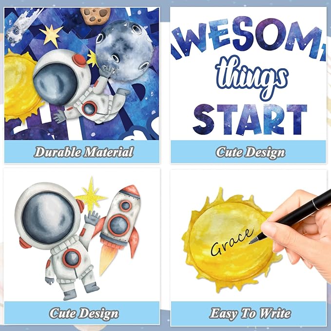 FYSUIMU 52 Pcs Outer Space Bulletin Board Decoration Set Awesome Things Start Here Cutouts Galaxy Astronaut Inspirational Paper Cutting with Glue Points for Back to School Party Classroom Wall