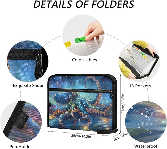 Expanding File Folder Octopusfish Blue Accordion File Organizer 13 Pockets Document Organizer with Zipper Labels A4 Letter Office Storage