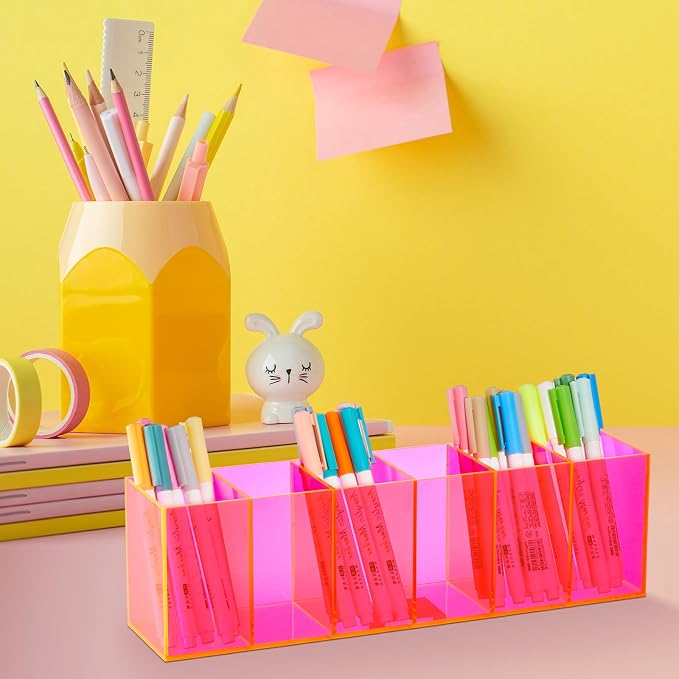 Juexica 2 Pack Acrylic Makeup Brush Holder 6 Compartments Pencil Organizer Cup Pencil Holder for Desk Pen Organizer Storage Box for Accessories Cosmetic Brushes Office Bathroom Kitchen Supply (Pink)