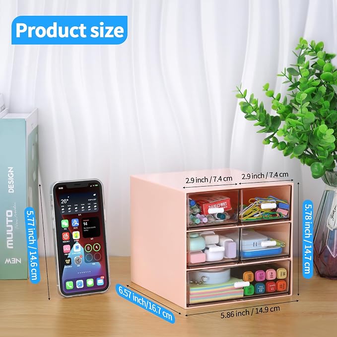Desk Organizer with 5 Drawers, Rectangular Office Stationery Supplies Desktop Drawers, Plastic Makeup Storage, Suitable for Office, School, Home (Pink & 5 Drawers)