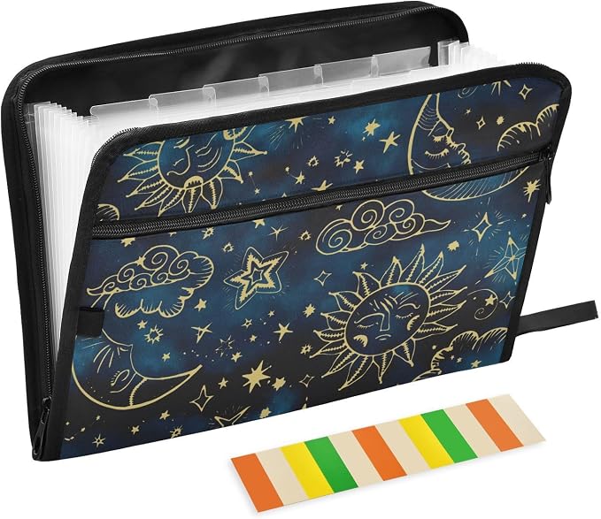Expanding File Folder Sun Moon Boho Cosmos Astrology Accordion File Organizer 13 Pockets Document Organizer with Zipper Labels A4 Letter Office Storage