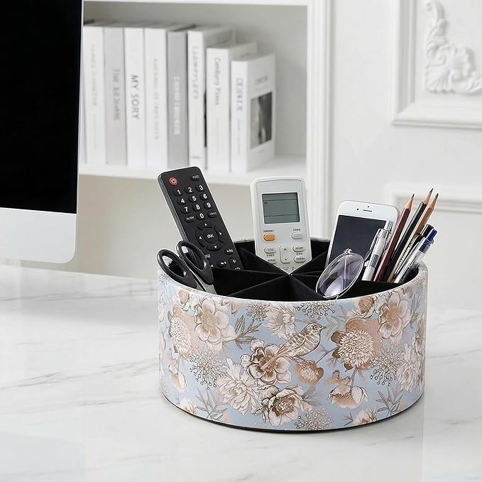 Remote Control Holder, 360°Spinning PU Leather Desk TV Remote Caddy,Desk Storage Box Room Accessories for Controller, Media,Mail,Calculator, Mobile Phone,Pencil(1B-Blue Bird)