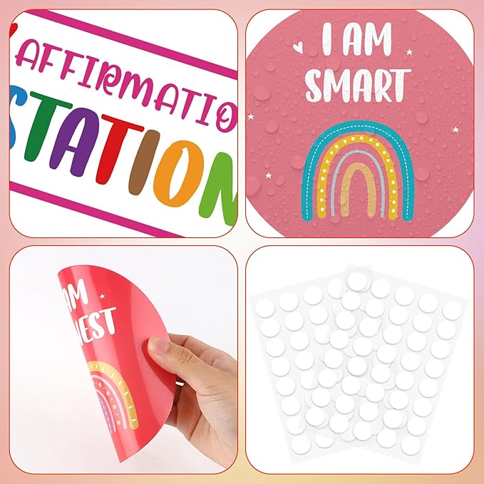 Boho Affirmation Station Bulletin Board Set Rainbow Positive Bulletin Board Positive Mirror Growth Mindset Inspirational Motivational Accent Cutouts for School Teacher Home Wall Supply