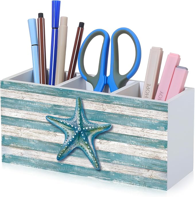 Feifeiya Starfish Coastal Pen Holder for Desk Lake House Nautical Beachy Wooden Box Sign Desk Decor Starfish Pencil Organizer Ocean Beach Lovers Gifts for Home Office Tabletop Shelf Decoration