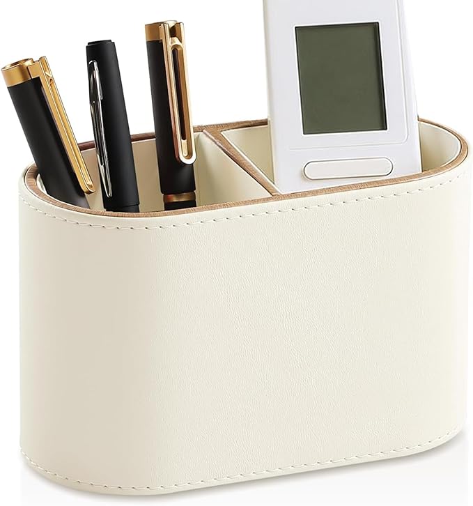 PU Leather Pen Holder with Two Compartments for Office White Pen Holder for Desk Decoration Multifunctional Pencil Organizer for Office Teacher Classroom Cosmetics Gifts Accessories Favor