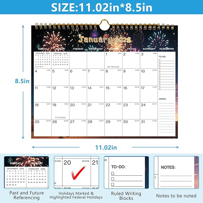2026-2027 Wall Calendar - Includes January 2026 to June 2027, 18-Month Paper Wall Calendar 11 x 8.5 Inches.Thick Paper with Julian Dates and Block for New Year and Christmas Holidays To-dos ＆ Notes (H)