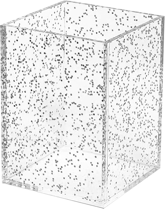 pbf Clear Acrylic Pen Holder for Desk | Clear Pencil Holder | Acrylic Makeup Brush Holder for Vanity | Pen Organizer | Bookmark Holder | Pencil Cups | Desk Organizer (Silver Glitter)