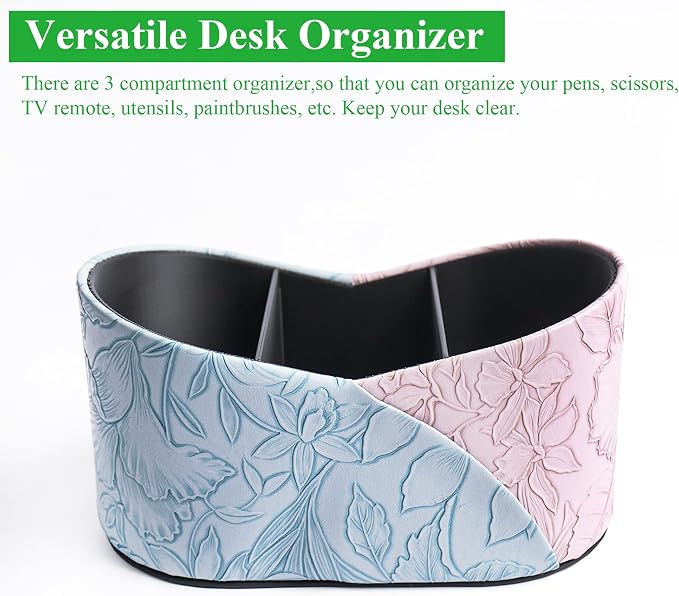 Two Leaves Shaped Leather Art Supply Organizer,Remote Control Holder,Multi-Functional Pencil Holder,3 Compartments Desktop Stationary Organizer(1-Blue Purple)