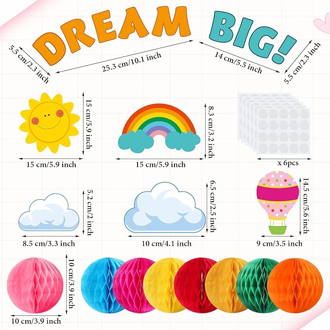 Funrous 82 Pcs Colorful 3D Hot Air Balloon Honeycomb Bulletin Board Set Hot Air Balloon Cloud Rainbow Sun Cutouts Honeycomb Bulletin Board for Preschool Kindergarten Back to School Classroom Supplies