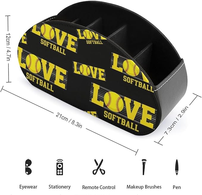 Remote Control Storage Box with 5 Compartments, PU Leather Organizer for Media Players, TV Remotes, and Office Desk, Love Sports Softball