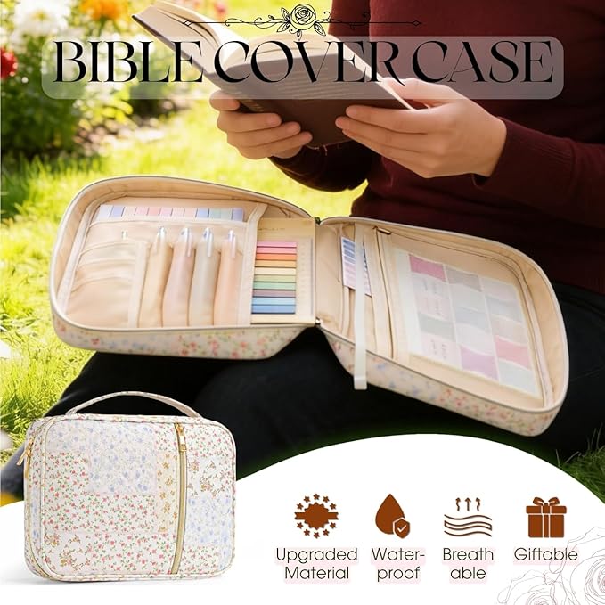 Bible Cover Case for Women Girls: Christian Mothers Day Gifts for Mom Large Quilted Bible Bag with Multi Pockets 26Pcs Study Supplies Journaling Kit, Floral Print Durable Book Carrying Organizer