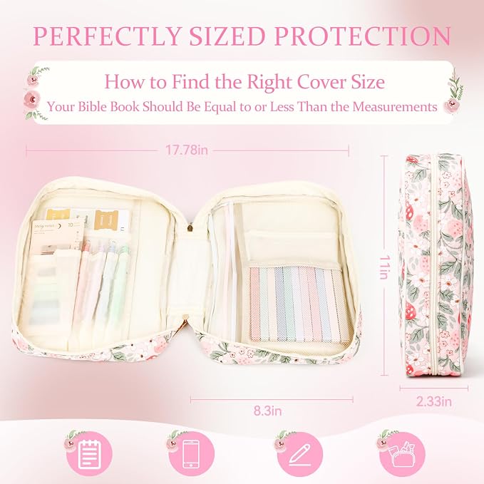 Bible Cover Case for Women Large Quilted Bible Carrying Bag with Handles Bible Study Supplies & Accessories Christian Gifts for Women(Strawberry Garden, M)