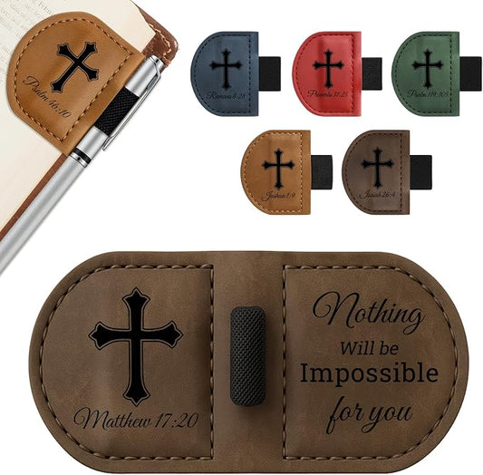Bygone Mark Personalized Magnetic Leather Bookmark with Pen Holder - Inspirational Bible Verse Scripture Design, Custom Book Marker for Book Lovers Men Women (Coffee-Matthew 17:20)