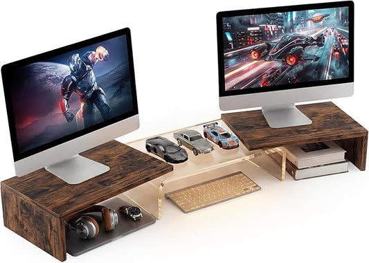 Dual Monitor Riser, Acrylic Monitor Riser with Keyboard Storage, Adjustable Angle & Length Computer Monitor Stand, Wide Desk Shelf for Top of Desk for Home Office_Wood Look