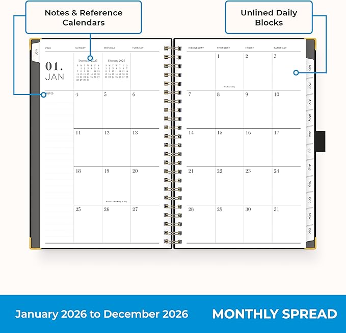 Blue Sky 2026 Weekly and Monthly Planner Calendar, January 2026 - December 2026, 5" x 8", Faux Leather Cover, Durable Twin Wire Binding, Storage Pocket, Laminated Tabs, Includes Pen Loop, Bungee, Ruler, Black