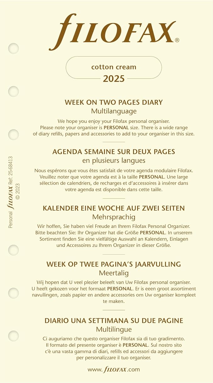Filofax Calendar Diary Refill, Personal/Compact Size, Week-to-View, Cotton Cream Paper, Unruled, Multilingual: Five Languages, 2025 (C68413-25)
