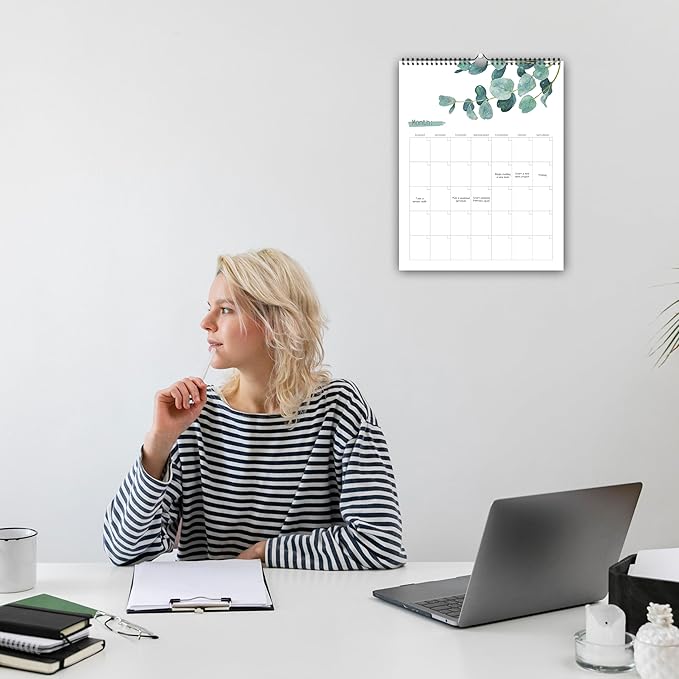 Aesthetic Wall Calendar, Blank Monthly Weekly Wall Calendar, 14.5"x 11.5", Undated Monthly Planner Note Pad for Organizing Home Office, Green Leaves