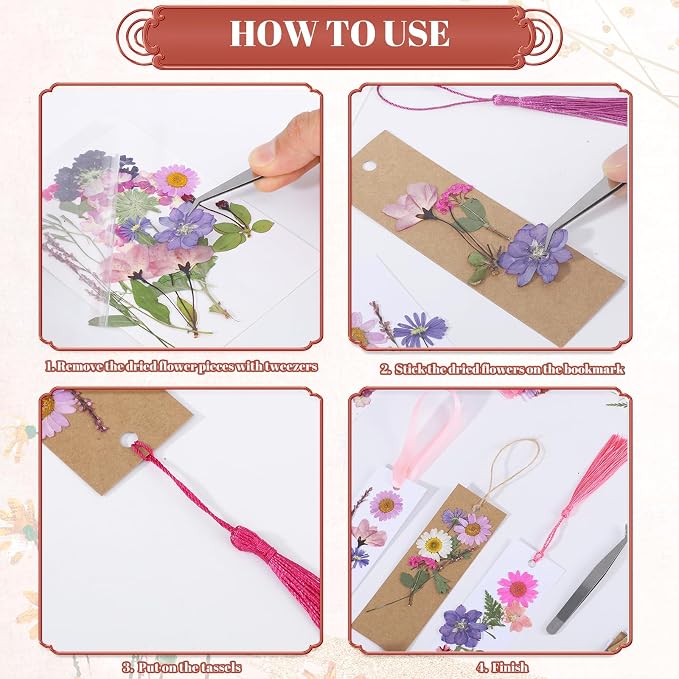 60 Pcs Kraft Paper Blank Bookmarks, DIY Pressed Flower Craft Bookmarks Set, Dried Floral Book Mark Making Kit, with 40 Pcs Pressed Flowers, 30 Pcs Tassels, 1 Roll Ribbon, 1 Roll Twine, 1 Pcs Tweezers