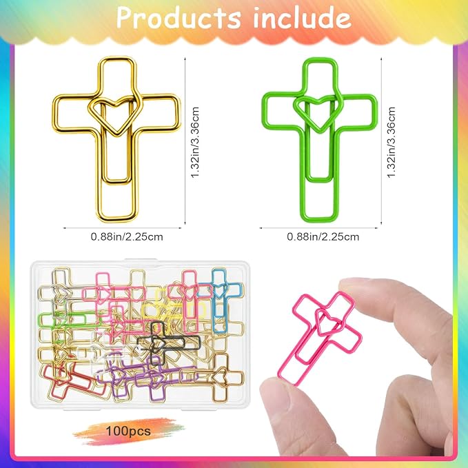 100 PCS Heart Cross Paper Clips for Bible Study Supplies,Christian Gifts,Jesus Bible Stuff Bookmark journaling Supplies Accessories, Easter Eggs fillers, Teacher Gifts (Multicolors)