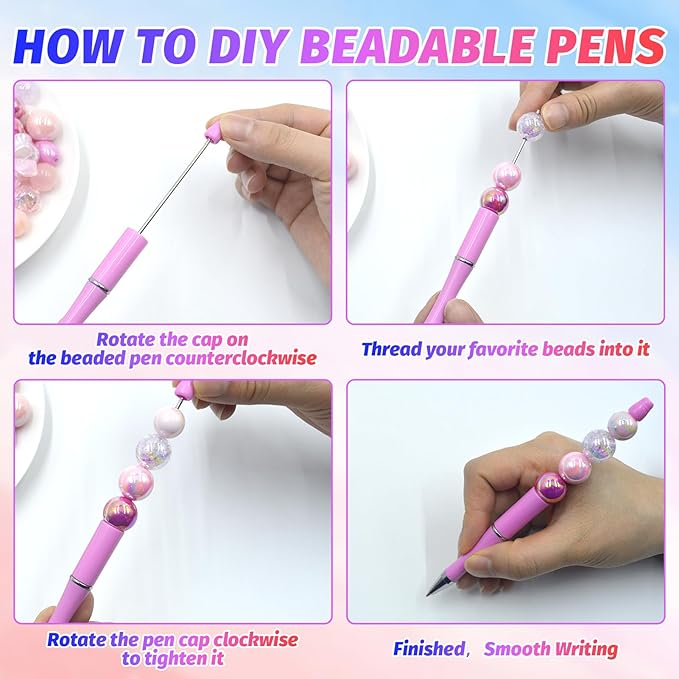 300 Pieces DIY Beadable Pen Kit – 100 Plastic Ballpoint Pens with Refills & Bags – School Supplies, Office Accessories & Decorative Items for Students & Teachers (Pink)
