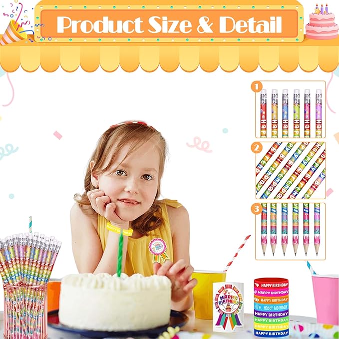 Birthday Pencils Set: 24 Happy Birthday Pencils, 24 Rubber Wristbands, 200 Badge Stickers - Multicolor, Unisex - 248 Pieces