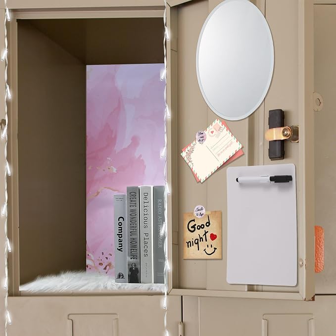 Timgle 13 Pcs School Locker Organizer and Decorating Kit Pink Marble Magnetic Wallpaper Whiteboard Magnetic Cup Mirror Marker Magnets Faux Fur Cushion String Lights for Back to School Supplies