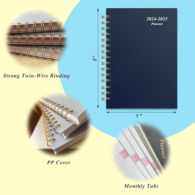 Planner 2024-2025 Daily Weekly and Monthly - Academic Planner July 2024-June 2025-5" x 8" with Floral Cover with Twin-Wire Binding - Effectively Manage Your Time - Dark Blue